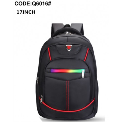 Mochila negra con franja de arcoiris y detalles en color rojo 6016