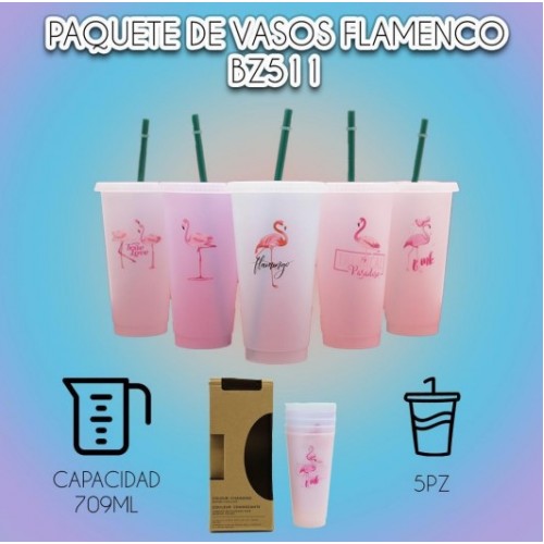 Paquete De 5 Vasos Magicos de flamingo,Cambian Color Con Tapa Y Popote,PRECIO POR 5 PIEZAS,DE 710ML BZ511