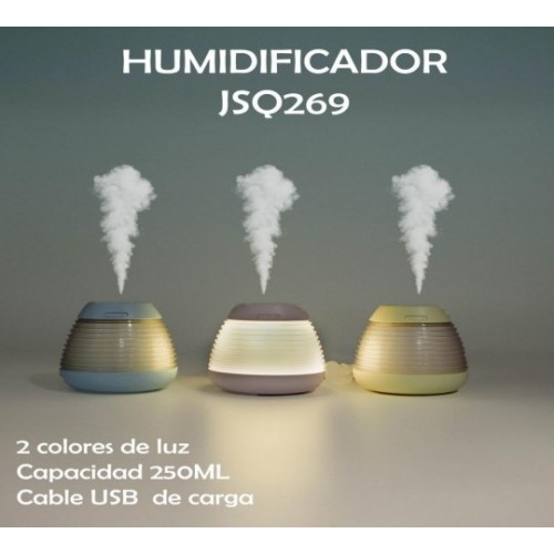 Humidificador con dos colores de luz,capacidad de 250ml y cable USB JSQ269