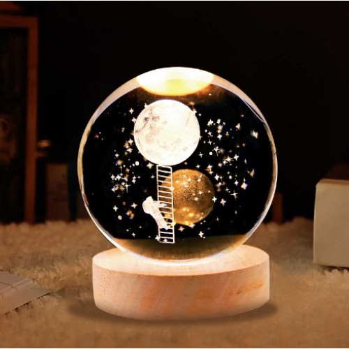 (ESFERA DE CRISTAL CON LUZ),Led 3D bola cristal de Astronauta subiendo a la luna,Diámetro de bola:6CM,USB LED785