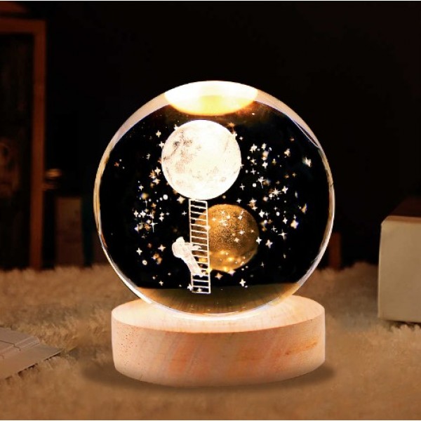 ESFERA DE CRISTAL CON LUZ),Led 3D bola cristal de Astronauta subiendo a la  luna, Diámetro