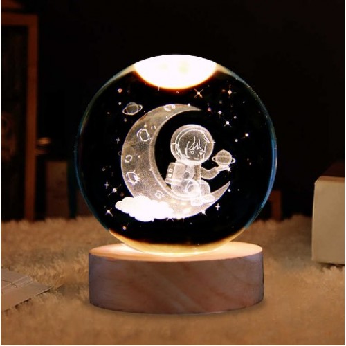 (ESFERA DE CRISTAL CON LUZ)de noche de mesa,Led 3D bola cristal de Astronauta en luna,Diámetro de bola:8CM,USB LED796