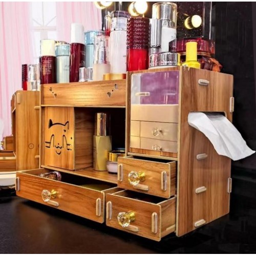 Caja de cosméticos/organizador de gran tamaño(con espejo+cajón de almacenamiento+caja de almacenamiento de cosméticos+caja de pañuelos) LU678