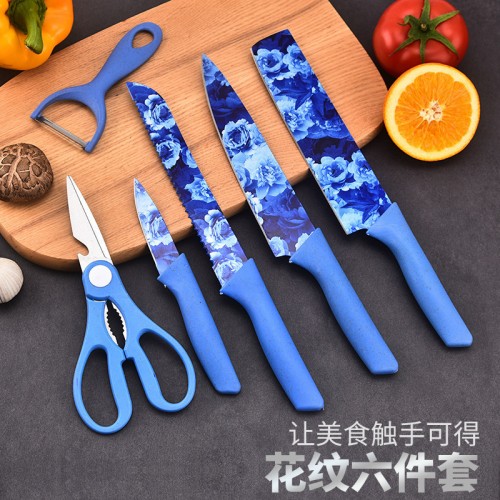 Set de cuchillos de cocina con 6pzs (modelo con flores azules)  1481