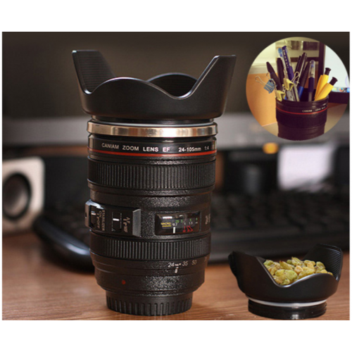 Termo en forma de lente de cámara con tapa doble función 450ml 80518