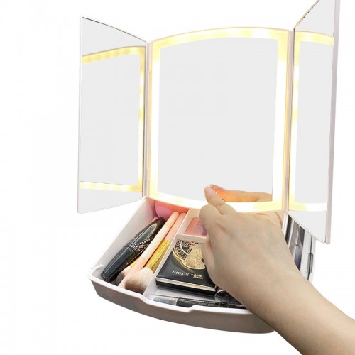 Tocador de cristal de escritorio 2 en 1·LED (espejo de maquillaje 2X3X de tres lados+luces 22LED+caja de almacenamiento de cristal) 80826