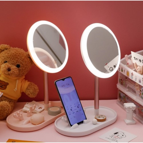 Espejo para maquillaje de belleza LED (con luz LED+soporte de teléfonos móviles+caja de almacenamiento) 3en1