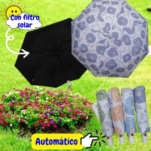 Paraguas sombrilla plegable automático estampado, con filtro solar negro plastificado