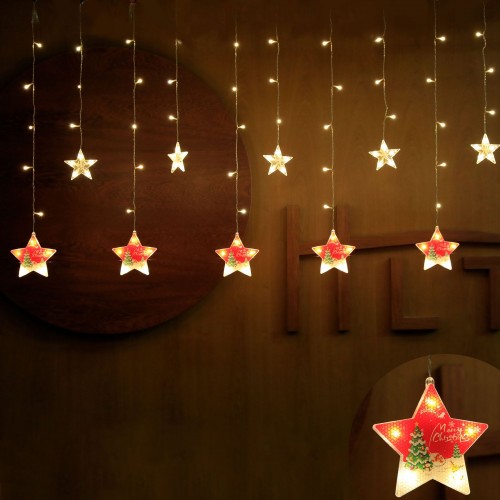 Cortina de luces LED para Navidad decoración de ventanas estrellas color cálido, 5+5, 3 metros de largo, 40- 60cm, con controlador de 8 funciones, blanco cálido DP-10108