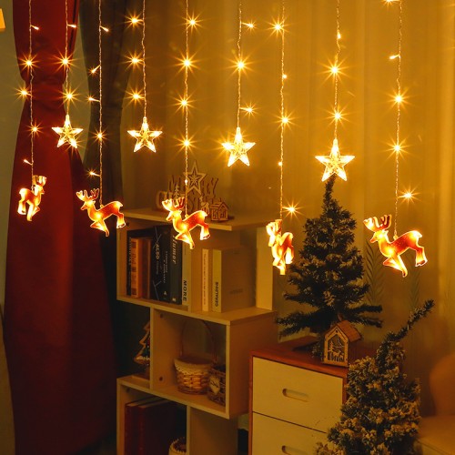 Cortina de luces LED para Navidad decoración de ventanas estrellas + ciervo color cálido, 5+5, 3 metros de largo, 40- 60cm, con controlador de 8 funciones, blanco cálido DP-10112
