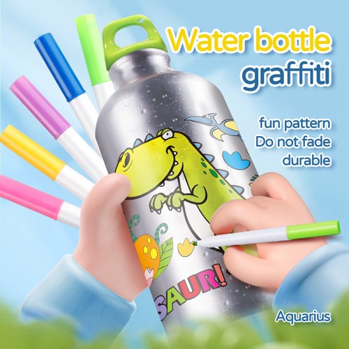 Botella de agua para niños dinosaurio graffiti botella de agua pegatina para colorear botella de agua de acero inoxidable 500 ml JX20420-2A