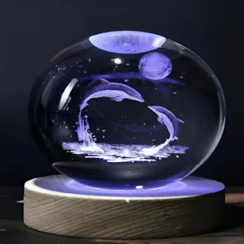 Lampara 3D bola cristal de delfines con luna diametro de bola de 6cm LED838
