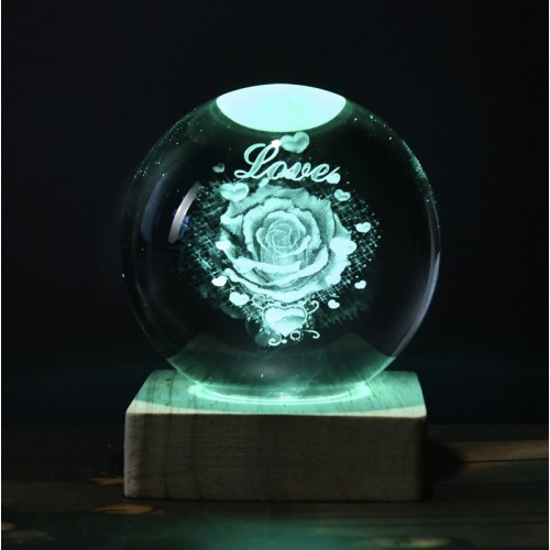 Lámpara de cristal 3D de Rosa "Love" 6cm de diametro USB LED839