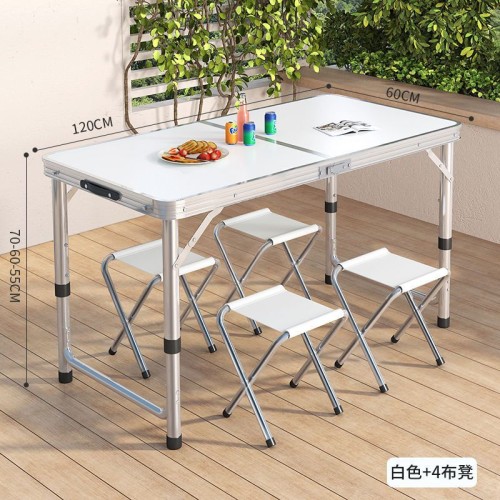 Juego de mesa y silla plegables de aleación de aluminio de 5 piezas (mesa + 4 sillas) con orificio para sombrilla, blanco 120*70*60 cm LU5067