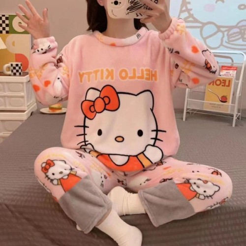 Pijamas de terciopelo de dibujos animados (mangas largas + pantalones largos) estilo adulto Hello kitty+Pokémon+Disney+ Winnie the Pooh+ Star Dailu LU5094