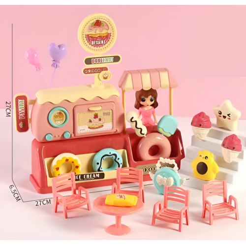 Juego de casita de postres helados para niños de 20 piezas (con mostrador de postres + mesa de comedor + sillas + postre) LU9001