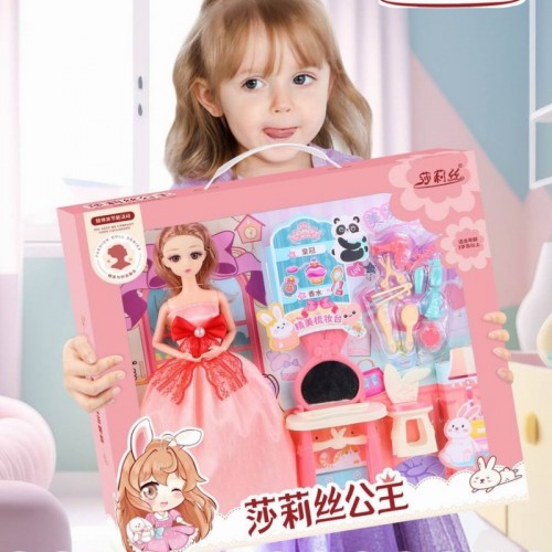 Serie Barbie·Casa de juegos para niños Muñeca Barbie de juguete Juego de 18 piezas (modelo de tocador) en caja de regalo, tamaño grande 35*32*5 cm LU9003