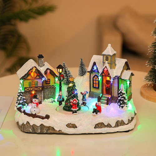 Decoración de centro de mesa de Navidad,Papá Noel montando en trineo,con árbol de Navidad y edificios de pueblo,con luces LED,música de Navidad y con rotación SDD1170