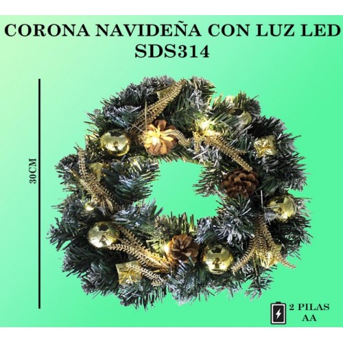 Corona navideña con LUZ no incluye pilas SDS314
