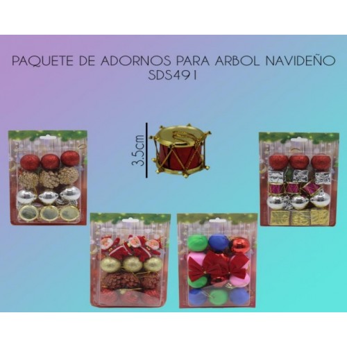 Paquetes de adorno para árbol navideño (tamborcitos,esferas,santa,cajitas,piñas) SDS491